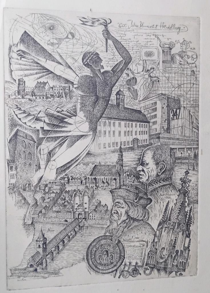600 Jaar Heidelberg Universiteit 1386 Heydelberg Kunst Ets, Antiek en Kunst, Mythologie, Met monogram, Ophalen of Verzenden, Gravure