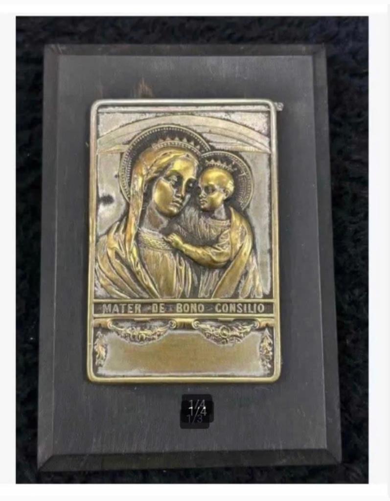 Antiek religie plaquette hout koper Mater de Bono Consilio, Antiek en Kunst, Antiek | Religie, Ophalen of Verzenden