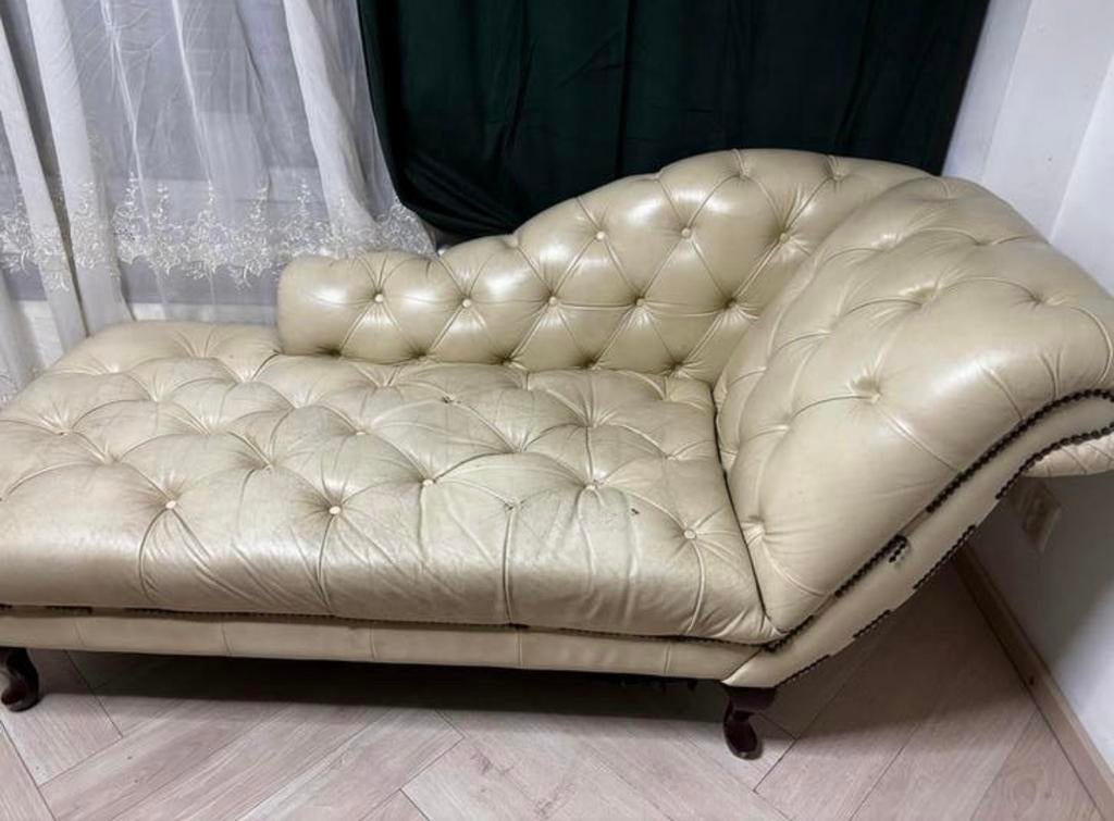Vintage Chesterfield Chaise Longue - Crèmekleurig Leer, Ophalen, Gebruikt, Eenpersoons, 150 tot 200 cm