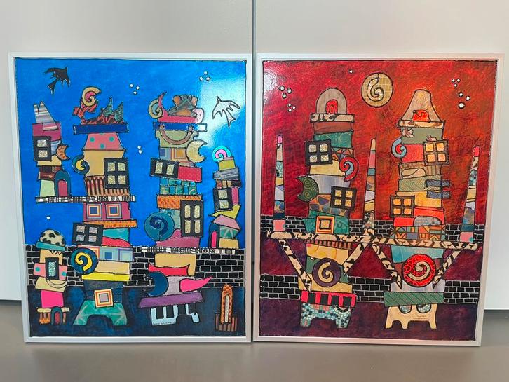 2 kleurrijke schilderijen abstract, Antiek en Kunst, Kunst | Schilderijen | Modern, Verzenden