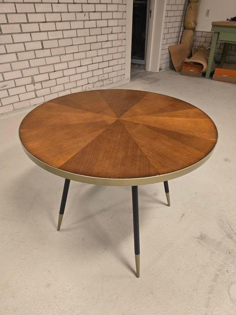 Ronde eettafel walnoothout met goud en zwarte details, Ophalen, Rond, Zo goed als nieuw, 100 tot 150 cm