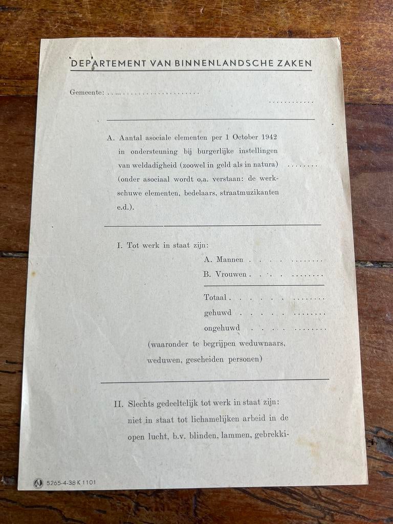 Nederlands bezetting registratie formulier aso elementen, Verzamelen, Militaria | Tweede Wereldoorlog, Ophalen of Verzenden, Nederland