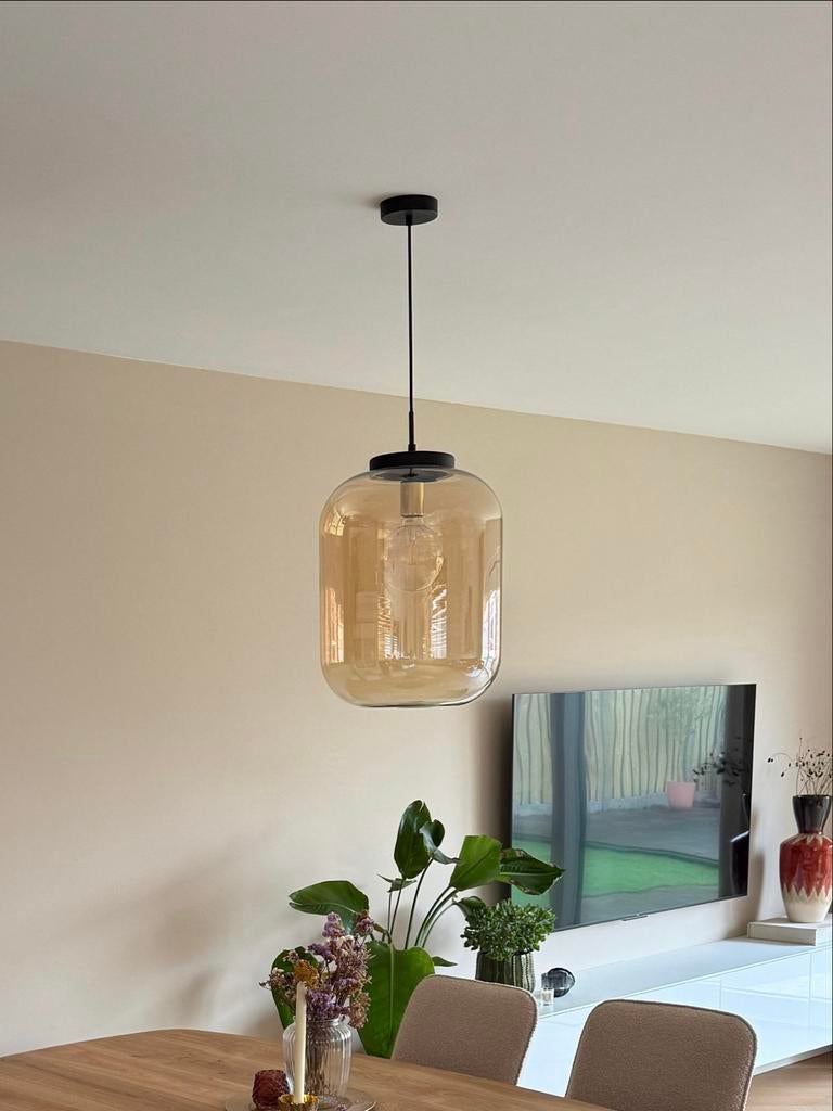 Hanglamp amber glas, Huis en Inrichting, Lampen | Hanglampen, Ophalen, Gebruikt, Glas, Minder dan 50 cm
