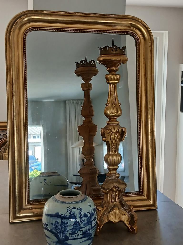 Prachtige Antieke Franse Bladgouden Spiegel, Antiek en Kunst, Ophalen, Rechthoekig, 50 tot 100 cm