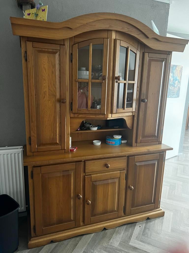Eiken buffetkast met vitrine en lades, Ophalen, Gebruikt, 100 tot 150 cm, Eikenhout