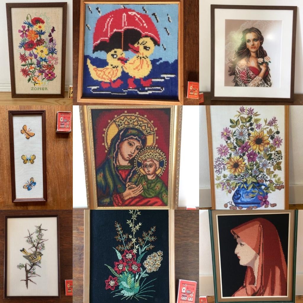 Geborduurde schilderijtjes veldboeket vogeltjes Maria zwaan, Huis en Inrichting, Woonaccessoires | Schilderijen, Tekeningen en Foto's