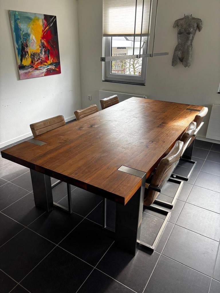 Prachtige houten eettafel met 6 leren stoelen 260x120cm, Huis en Inrichting, Tafels | Eettafels, Ophalen, 100 tot 150 cm, Overige materialen