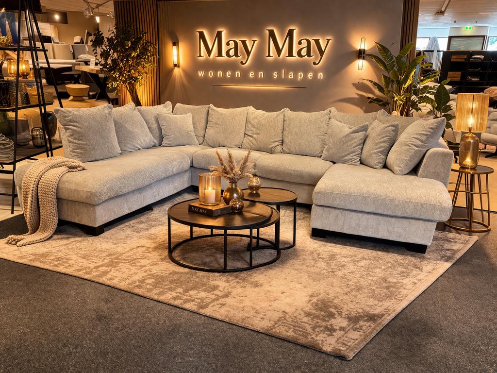 Hoekbank in U-Vorm 225/345/150 €695, beige Direct/Leverbaar, Huis en Inrichting, Ophalen, Gebruikt, 300 cm of meer, Mwonenenslapen