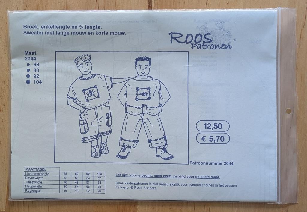 Naaipatroon Roos 2044 broeken, sweaters maat 68-104, Hobby en Vrije tijd, Kledingpatronen, Ophalen of Verzenden, Zo goed als nieuw