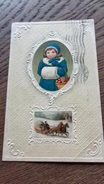 Relief.Meisje in blauw manteltje,mutsje,bontmof.paardenslee, Ophalen, Voor 1920, Kinderen