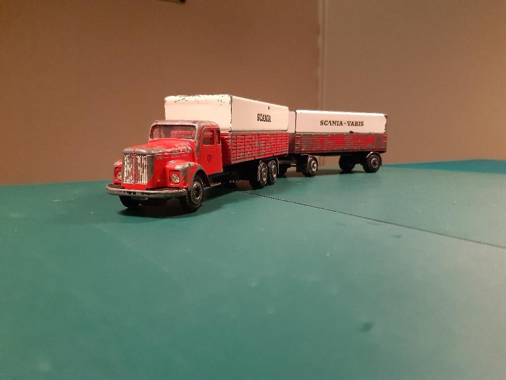 Tekno Denmark Scania Vabis L76 huifbakwagen met aanhanger., Hobby en Vrije tijd, Modelauto's | 1:50, Ophalen of Verzenden, Gebruikt