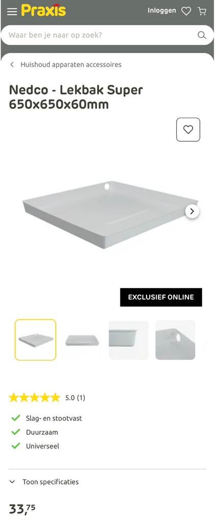 Wasmachine waterlekbak 65 bij 65 cm en 6 cm zgan, Witgoed en Apparatuur, Ophalen, Zo goed als nieuw