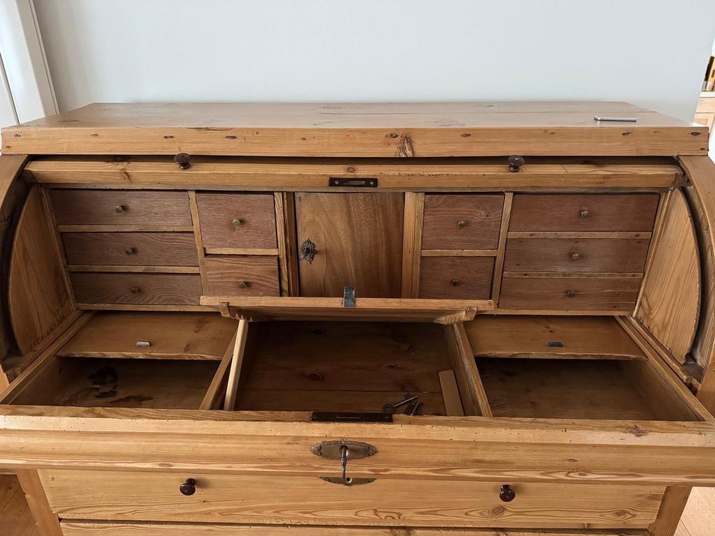 Antiek grenen rolluikbureau met lades, Ophalen of Verzenden