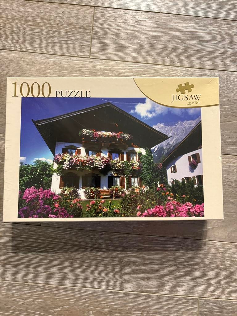 Jigsaw puzzel 1000 stukjes huis met bloemen, Ophalen of Verzenden, 500 t/m 1500 stukjes, Nieuw, Legpuzzel