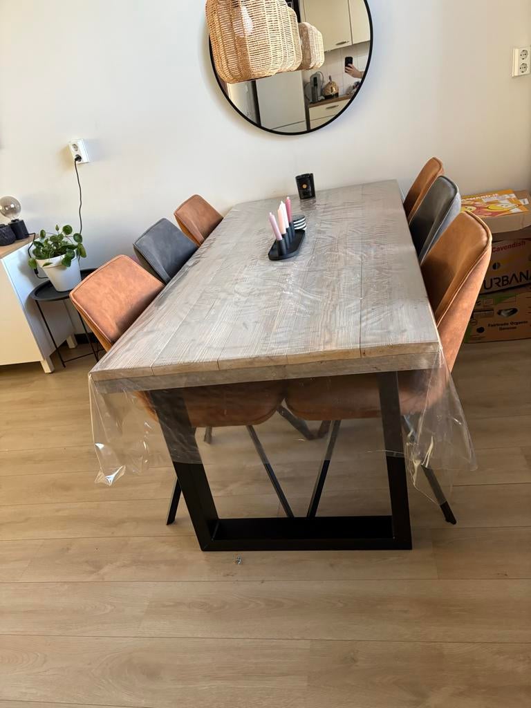 Eethoek tafel metalen poot grey wash hout 190x88,5 cm, Ophalen, Gebruikt, 50 tot 100 cm, Vijf personen of meer