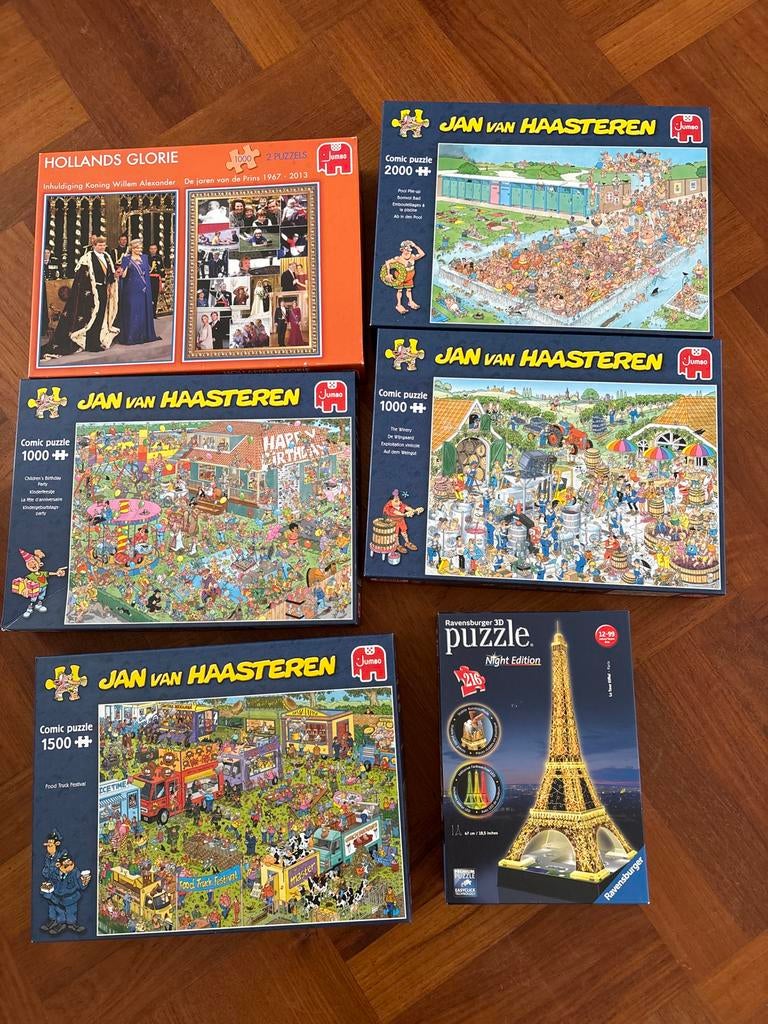 Puzzels: Jan van Haasteren, 3D Eiffeltoren & Konings, Hobby en Vrije tijd, Denksport en Puzzels, Gebruikt, Legpuzzel, Meer dan 1500 stukjes