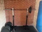 Complete Krachtstation: 105kg Gewichten, Barbell, Bankje, Sq, Sport en Fitness, Fitnessmaterialen, Ophalen of Verzenden, Gebruikt