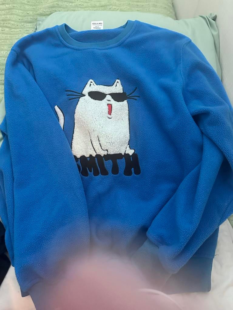 Blauwe trui met coole kat - Maat S, Ophalen of Verzenden, Gedragen, Maat 36 (S), Blauw