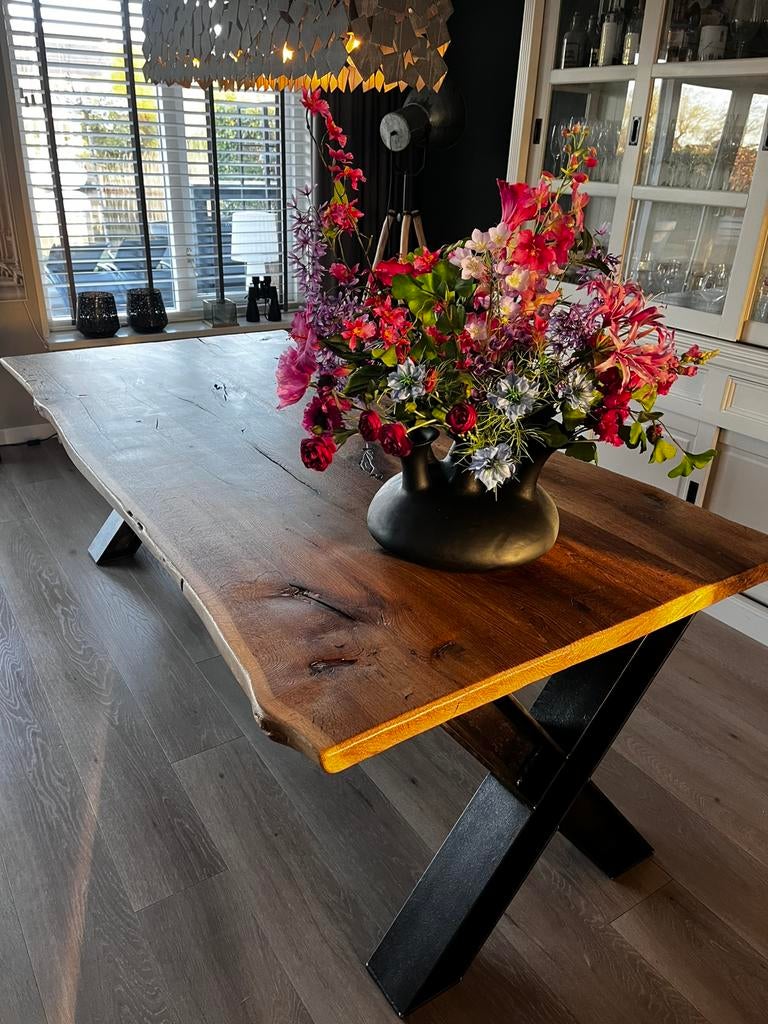 Eikenhouten tafel met stalen X poten, Ophalen, 150 tot 200 cm, Eikenhout, 200 cm of meer