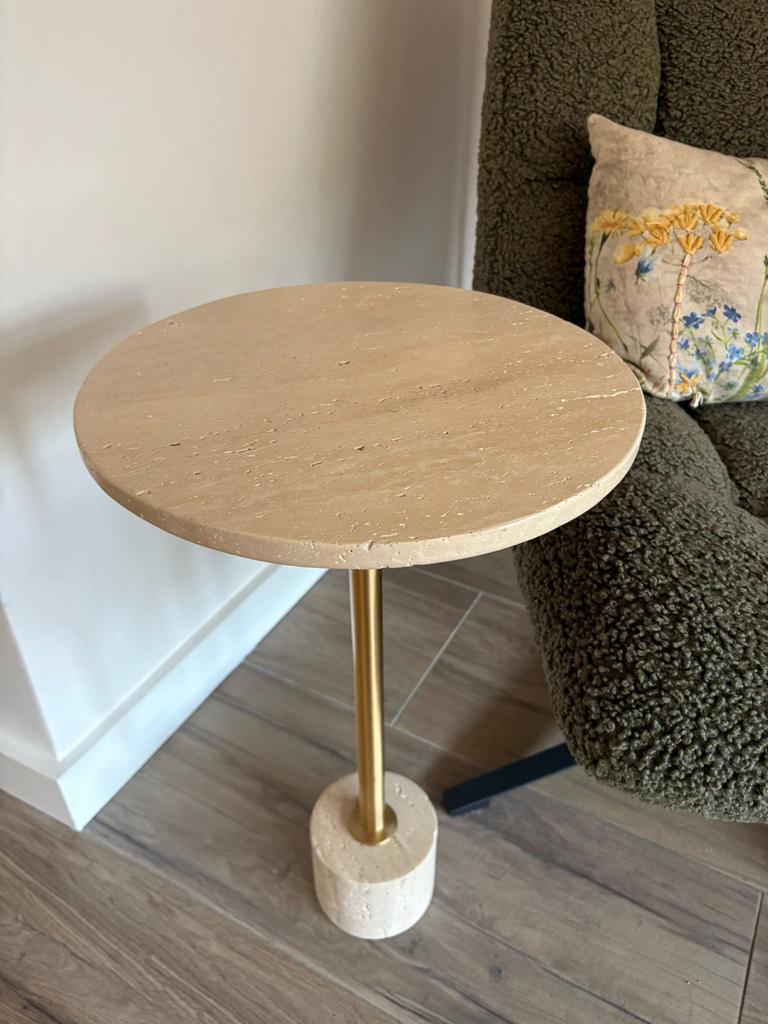 Bijzettafel van PTMD / travertin blad en poot, Overige materialen, Minder dan 55 cm, Rond, Zo goed als nieuw