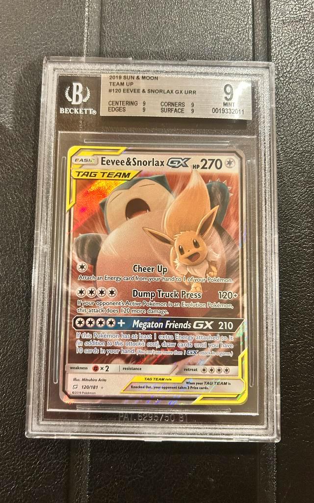 Pokémon Eevee & Snorlax GX TAG TEAM BGS 9, Hobby en Vrije tijd, Verzamelkaartspellen | Pokémon, Zo goed als nieuw, Losse kaart