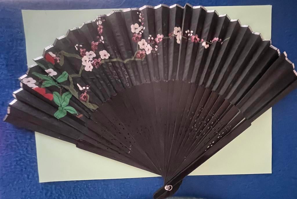 Waaier, zwart met bloemen beschilderd, Ophalen, Zo goed als nieuw