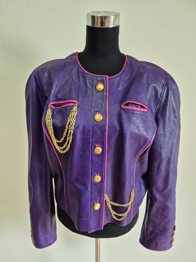 Jas77 - Paars vintage Vo You leren jasje met roze bies mt 42, Ophalen of Verzenden, Zo goed als nieuw, Maat 42/44 (L), Paars