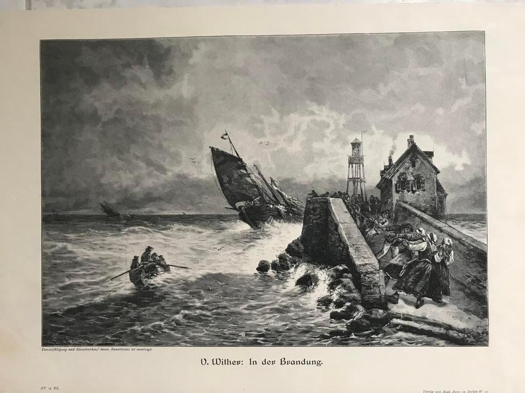V. Wither: In der Brandung, or. gravure 1900, beeld 31x22cm., Met tekst, Ophalen of Verzenden, Gravure, Landschap