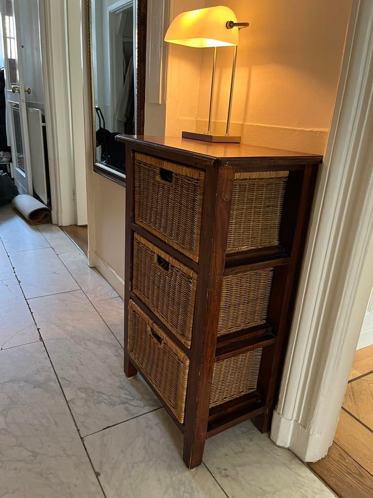 Houten kastje met rietenlades, Huis en Inrichting, Kasten | Ladekasten, Ophalen, 1 of 2 laden, 50 tot 100 cm, Zo goed als nieuw