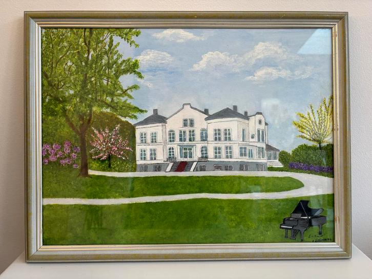 Schilderij Landhuis met Tuin en Vleugel - Ingelijst, Antiek en Kunst, Kunst | Schilderijen | Klassiek, Ophalen