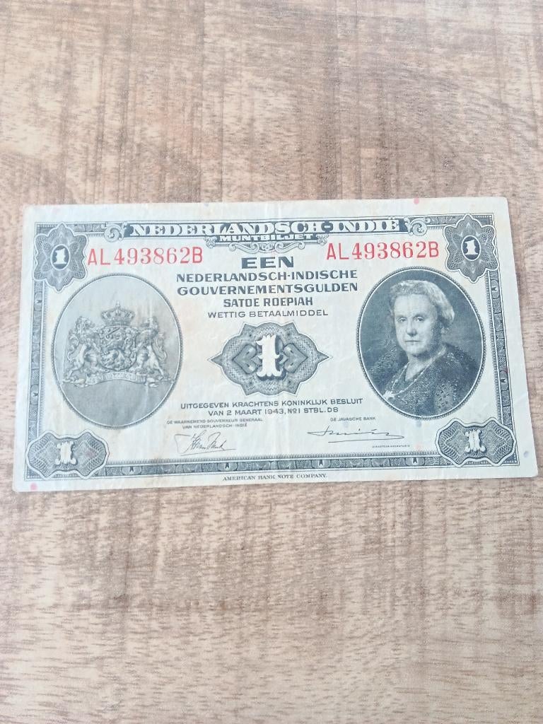 Bankbiljet gulden nederlands indie 1943, Postzegels en Munten, Bankbiljetten | Nederland, Verzenden, 1 gulden