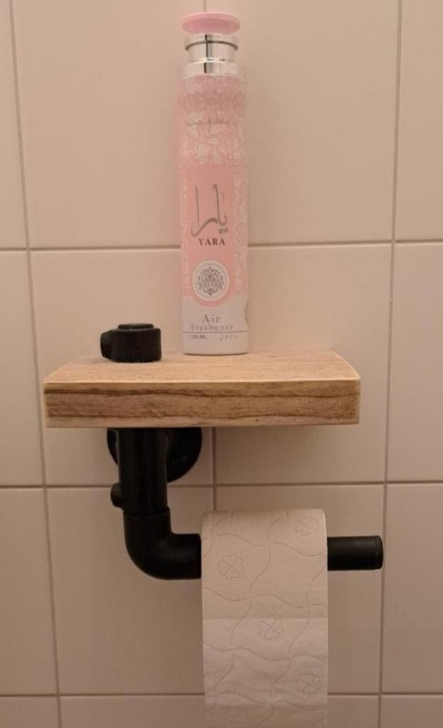 Industriële toiletrolhouder met houten plankje nieuw, Huis en Inrichting, Badkamer | Badtextiel en Accessoires, Ophalen of Verzenden