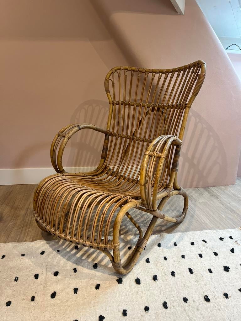 Vintage rotan stoel | retro | hout | fauteuil, Huis en Inrichting, Stoelen, Ophalen, Gebruikt, Bruin, Riet of Rotan