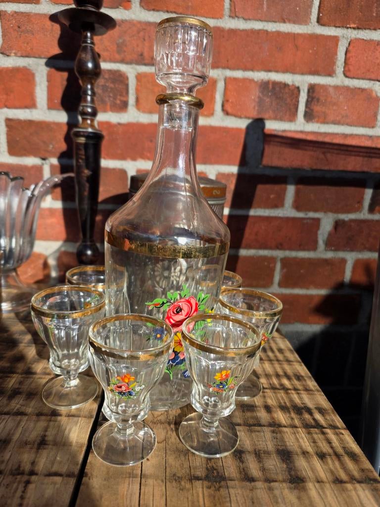 Karaf met 6 borrelglaasjes - Bloemenmotief, Ophalen of Verzenden