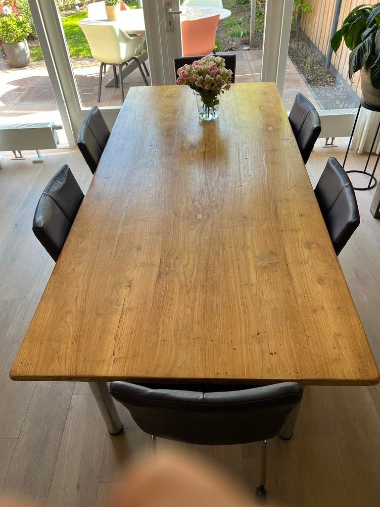 Houten eet Tafel met 6 lederen stoelen, Ophalen, 100 tot 150 cm, Zo goed als nieuw, Vijf personen of meer
