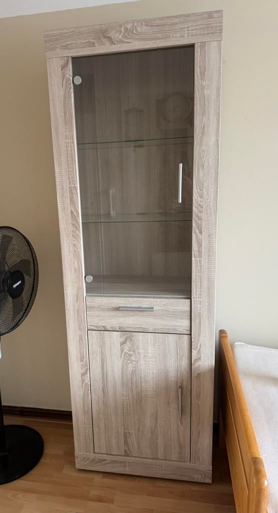 Eiken vitrinekast met verlichting, Ophalen, Gebruikt, Eikenhout, 50 tot 100 cm