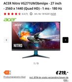 Acer Nitro VG271U 27" QHD 180Hz 1440P - TOP PRIJS, Computers en Software, Monitoren, Gaming, Ophalen of Verzenden, Zo goed als nieuw