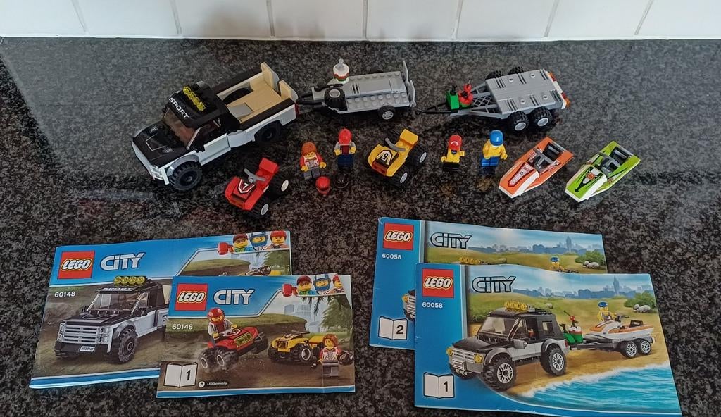 Lego City 60148 & 60058: Pick-up, ATV's, Jetski's, Ophalen of Verzenden, Zo goed als nieuw, Complete set, Lego