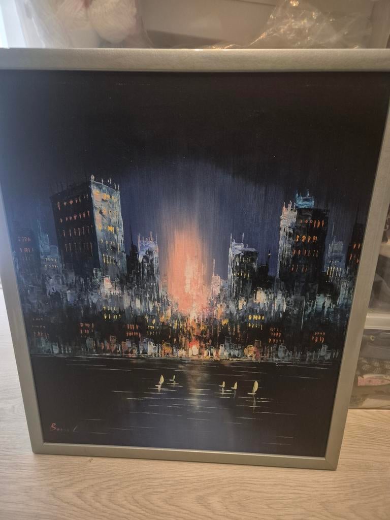 Schilderij stadsgezicht bij nacht, Antiek en Kunst, Kunst | Schilderijen | Modern, Ophalen
