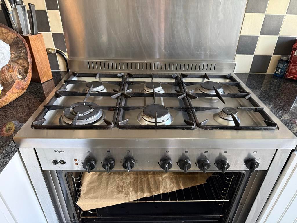 Pelgrim gasfornuis met elektrische oven (90 cm), Gebruikt, 60 cm of meer, Ophalen of Verzenden, Gas