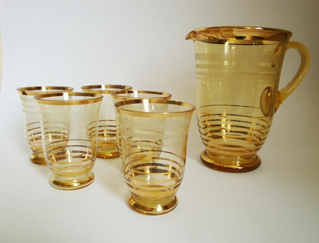 vintage geel amber glas water set kan 5x glas boho hollywood, Ophalen of Verzenden