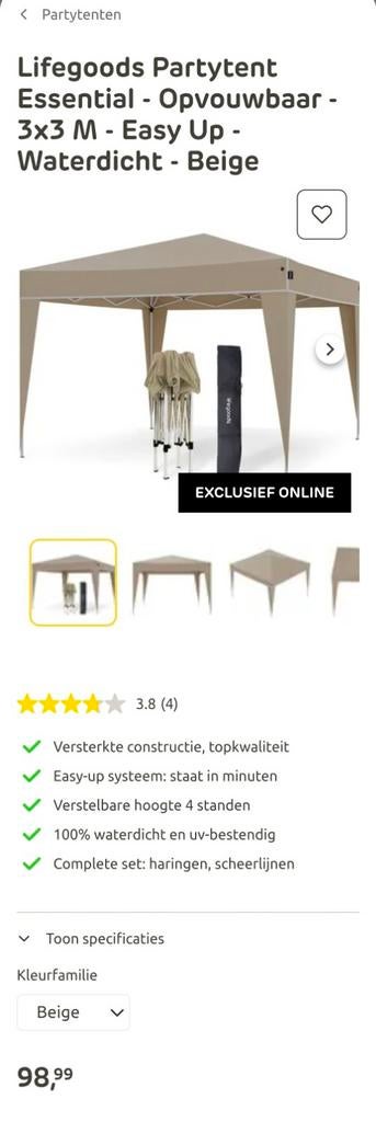 Lifegoods partytent 3x3 easy up, Ophalen, Opvouwbaar, Partytent, Minder dan 4 meter