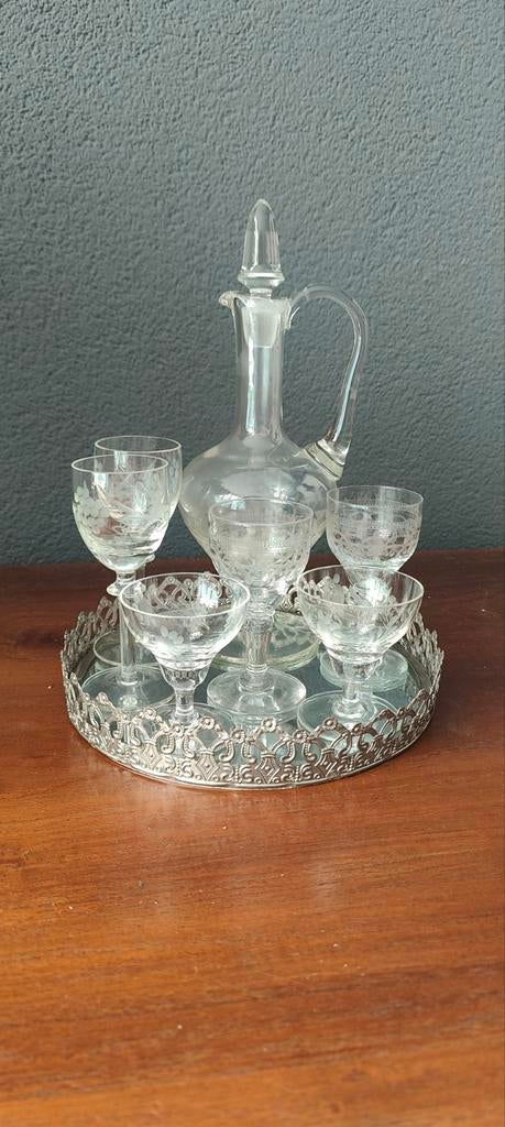 Vintage Glazen Karaf met 6 Borrelglaasjes op Dienblad, Antiek en Kunst, Ophalen