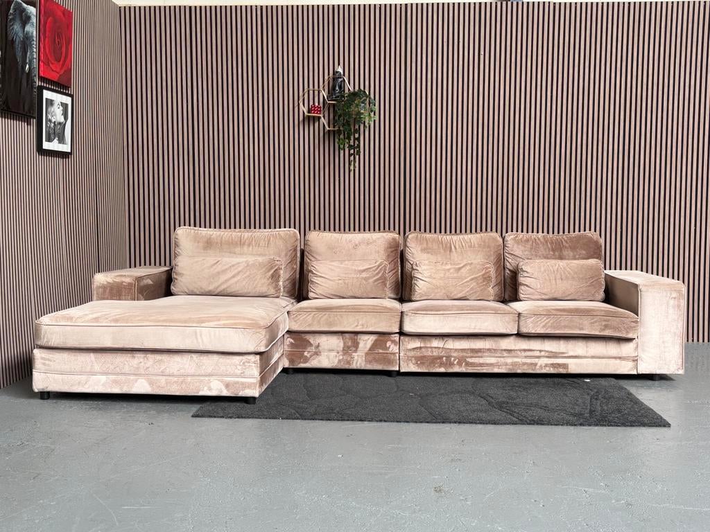 GRATIS LEVERING Velvet Loungebank Beige 360x195 GEREINIGD, Huis en Inrichting, Banken | Bankstellen, Hoekbank, 300 cm of meer
