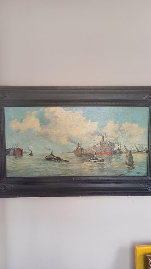 Olieverfschilderij Piet in 't Hout - Havenzicht, Antiek en Kunst, Kunst | Schilderijen | Klassiek, Ophalen of Verzenden