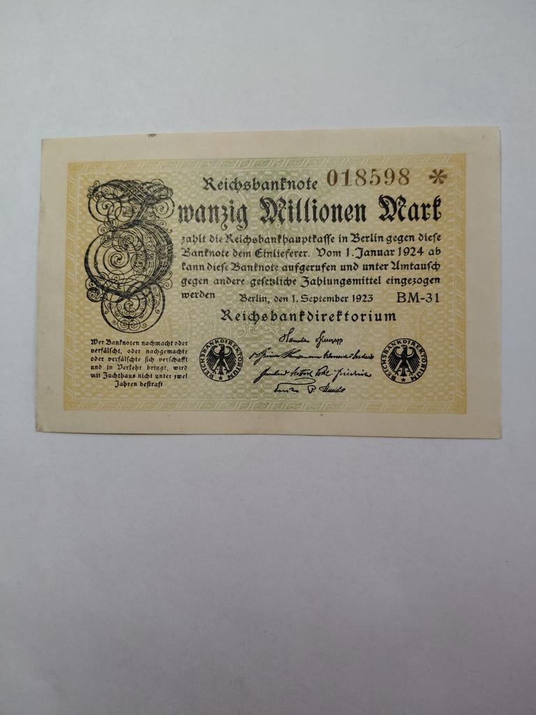 Duitse 20 miljoenen mark 1923, Postzegels en Munten, Bankbiljetten | Europa | Niet-Eurobiljetten, Ophalen of Verzenden, Duitsland