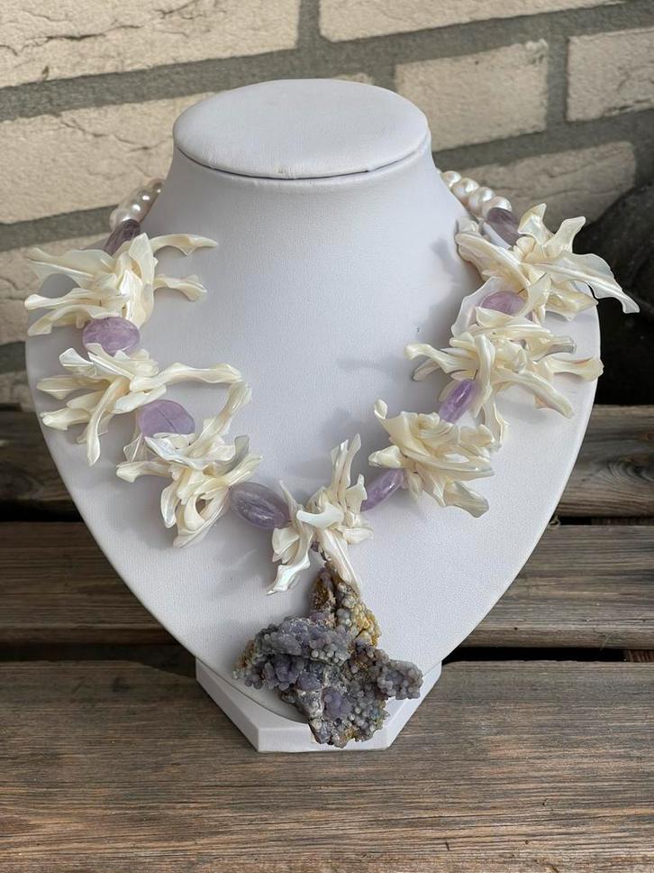 Druif Agaat , Amethist , Schelp , zoetwater Parel ketting, Sieraden, Tassen en Uiterlijk, Edelstenen, Nieuw, Ophalen of Verzenden