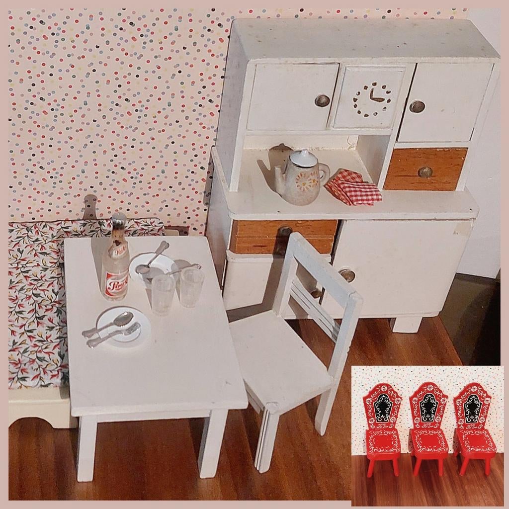 Antieke poppenhuis keuken meubels vintage hout jaren 30, Verzamelen, Poppenhuizen en Toebehoren, Ophalen of Verzenden, Gebruikt