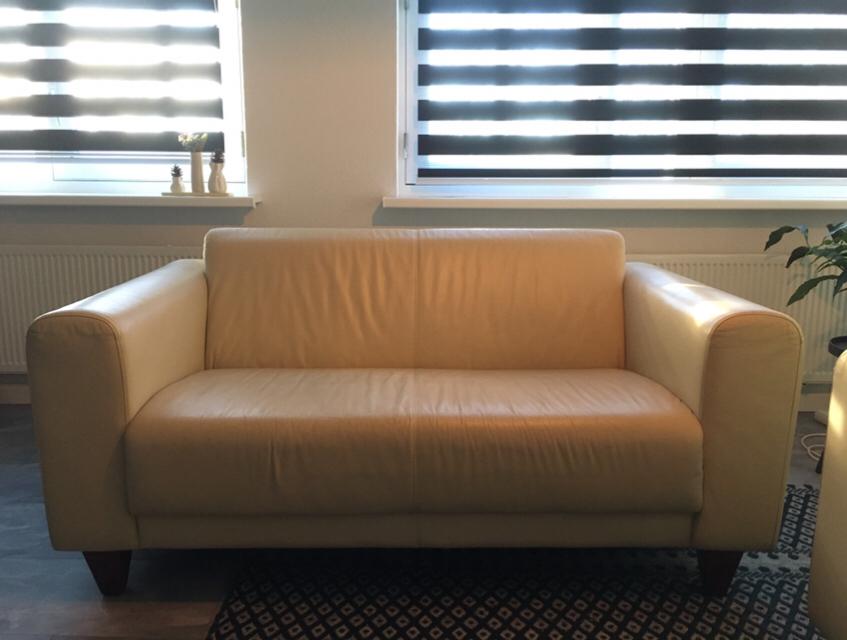 Mooie gebruikte Montel leren bankstel, crème, 2 + 2,5 zits, Ophalen, Gebruikt, Minder dan 75 cm, Leer