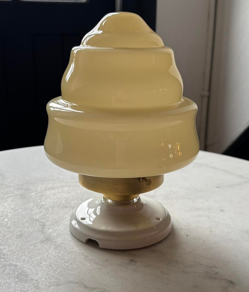 Vintage geel opaline glazen plafoniere tafellamp art deco, Ophalen of Verzenden, Gebruikt, Glas